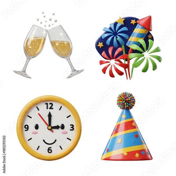 Fototapeta New Year celebration icons with champagne glasses, fireworks, clock, and party hat perfect for holiday and festive event designs