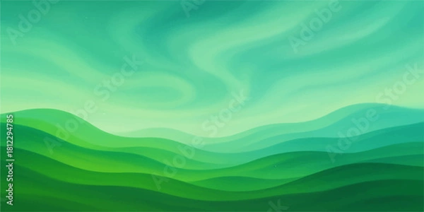 Fototapeta Abstract green landscape painting with rolling hills and swirling sky