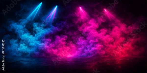 Fototapeta Colorful stage lighting with smoke and fog creating a dramatic effect