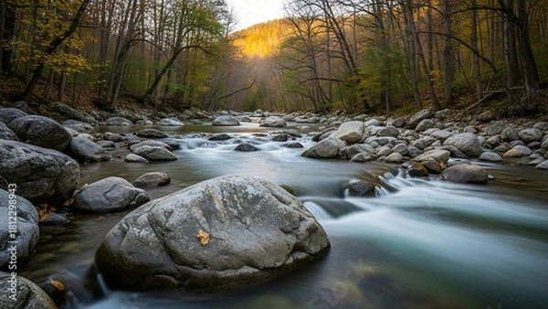 Fototapeta Serene River Flowing Through Autumnal Forest Landscape.