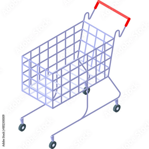 Fototapeta Isometric shopping cart with blue metal grid and red handles on a transparent background for retail and commerce themes
