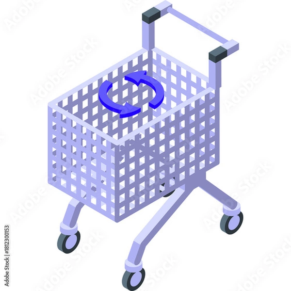 Fototapeta Isometric Shopping Cart With Blue Circular Arrows Inside On Transparent Background In 3d Style
