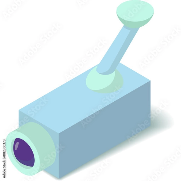 Fototapeta Isometric security camera in light blue and mint green with purple lens and dark gray shadow on white background
