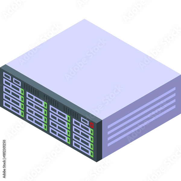 Fototapeta Isometric server rack unit with gray casing and green illuminated modules on a white background representing data storage technology and digital infrastructure