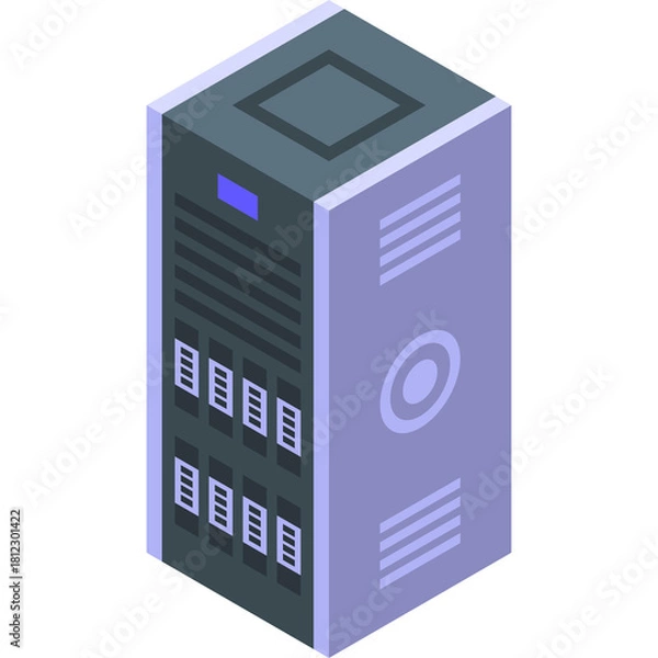 Fototapeta Isometric server rack with multiple hard drive bays and indicator lights in a gray and blue color scheme against a transparent background representing data storage and cybersecurity technology