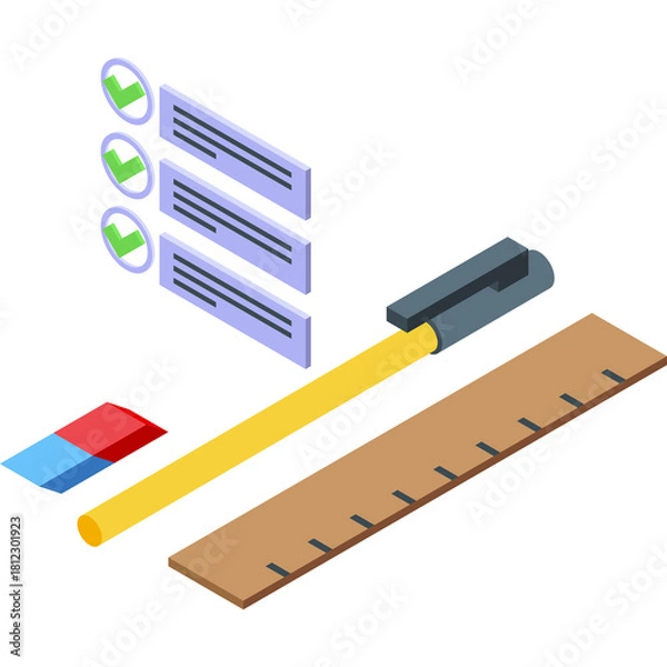 Fototapeta Isometric Set of Educational Tools Including a Ruler Eraser and Measuring Tape Next to a Checklist on a Transparent Background