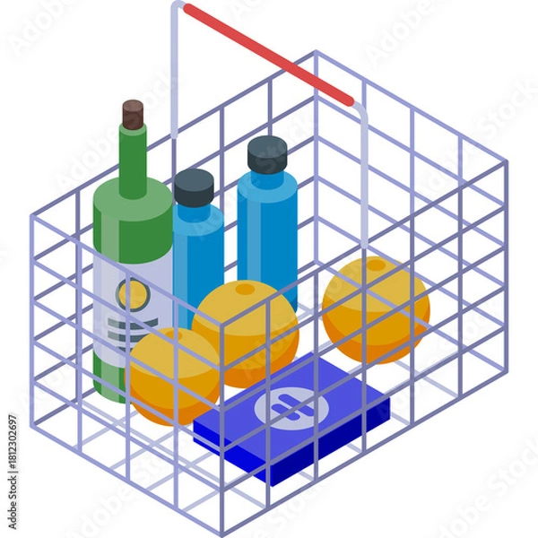 Fototapeta Isometric shopping basket filled with groceries including a bottle of wine oranges and blue containers on a transparent background with a red handle