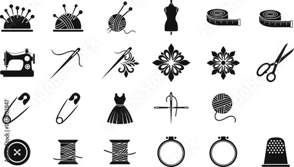 Obraz Silhouette Vector Set of Tailoring and Sewing Tools Including Needles, Thread, Machine, and Dressmaking Equipment Icons.