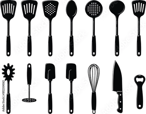 Obraz Hand Drawn Style Silhouette Set of Essential Kitchen Utensils and Cooking Tools for Food Preparation Graphics.