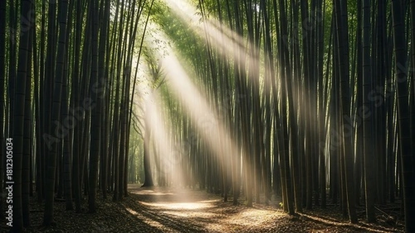 Fototapeta Sunlight Filtering Through a Dense Bamboo Forest Creating a Serene Atmosphere.