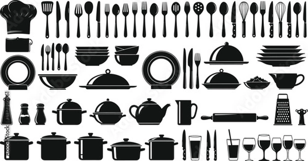 Obraz Large Silhouette Vector Set of Kitchen Utensils, Cookware, Cutlery, and Dishware for Cooking and Culinary Design.