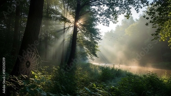 Fototapeta Sunlight Piercing Through Trees in a Misty Forest.