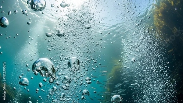 Fototapeta Underwater Bubbles Ascending Towards Sunlight - A Serene Aquatic Scene.
