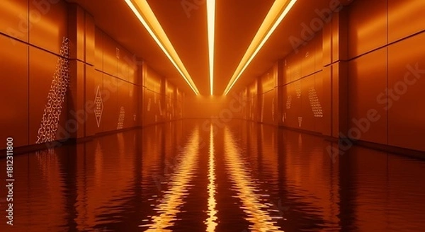 Fototapeta Futuristic Orange Lit Tunnel with Water Reflection and Abstract Wall Designs, Captivating Architectural Interior.