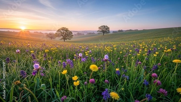 Fototapeta Vibrant wildflower meadow at sunrise with trees in the distance.