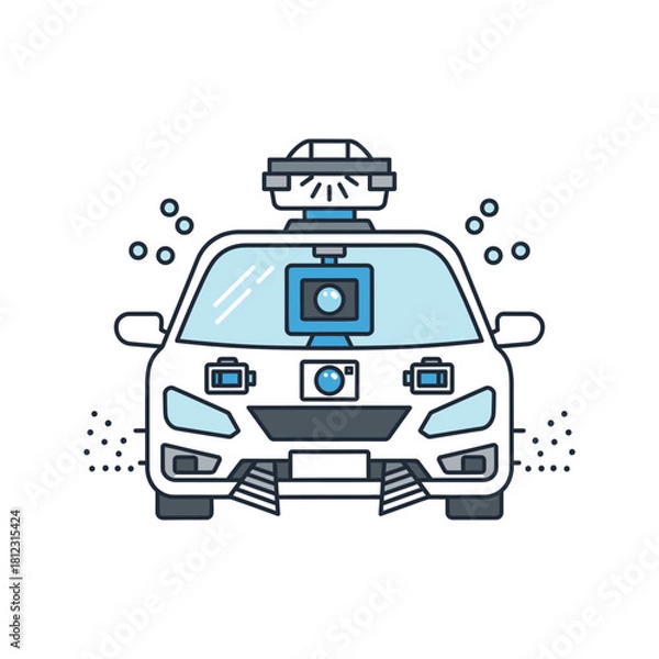 Fototapeta Illustration of a self-driving car with sensors and cameras on a white background.