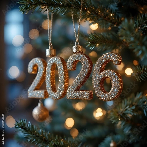 Obraz This image appears to depict festive hanging ornaments on a Christmas tree, spelling out "2026" 
