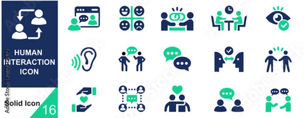 Fototapeta Human interaction icon set. Communication, people, connection, friends, chat, bonding solid icon vector illustration