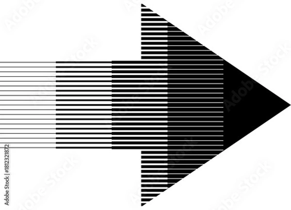 Obraz Thick striped vector arrow made of thin black lines on a white background. Vector background for covers, advertising, posters, packaging. Design element. Halftone. Pointer, navigation