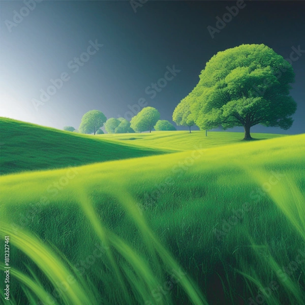 Obraz Vibrant, lush green rolling hills under a deep blue gradient sky, featuring a prominent, richly foliated tree on the right and a sense of dynamic, windswept grass in the foreground