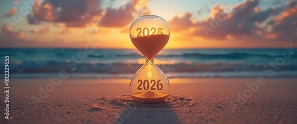 Obraz Countdown to 2026 New Year celebration with hourglass on beach at sunset featuring sand time passing from year 2025 to 2026 against beautiful ocean horizon