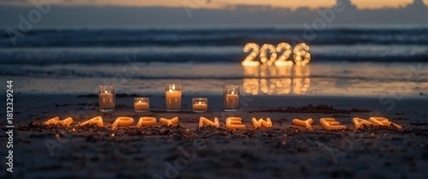 Obraz Happy New Year 2026 celebration with candles on beach at twilight creating warm glowing effect on sand near ocean featuring lighted numbers representing new year
