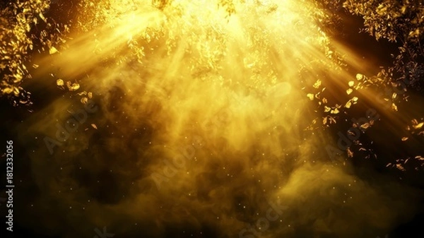 Fototapeta Enchanting Golden Forest Light with Floating Leaves