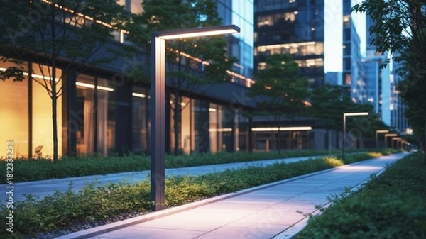 Obraz A modern urban walkway lined with sleek streetlights and greenery, showcasing a contemporary architectural environment at dusk.