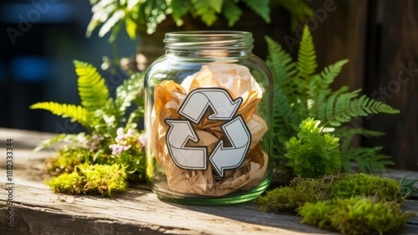 Obraz A glass jar with a recycling symbol contains crumpled paper, surrounded by lush green plants, symbolizing sustainability and eco-friendliness.