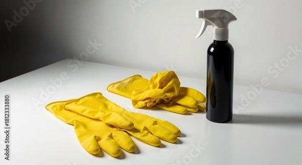 Fototapeta Rubber gloves and spray bottle on white table for cleaning tasks  