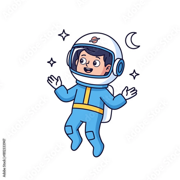 Obraz Cartoon astronaut floating in space with stars and moon.