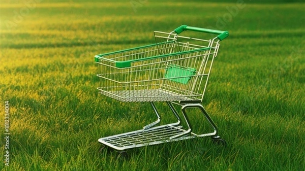 Obraz A shopping cart rests on a lush green field, blending urban and natural elements in a striking contrast.