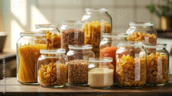 Obraz A collection of various pasta types displayed in glass jars, highlighting an organized and appealing kitchen pantry setup.