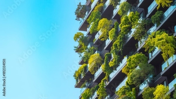 Fototapeta A modern building featuring lush greenery on balconies, showcasing a blend of architecture and nature against a clear blue sky.