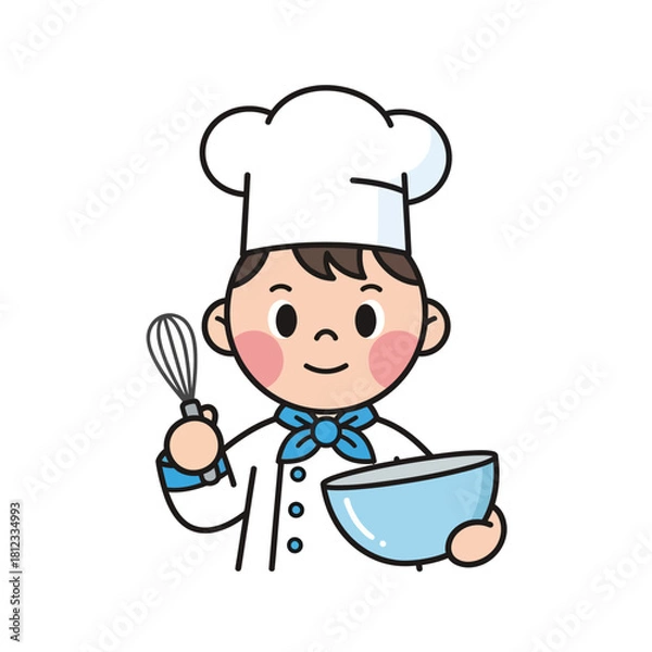 Obraz Cartoon illustration of a chef holding a bowl and whisk, wearing a chef's hat and blue bow tie, with rosy cheeks and a friendly smile.