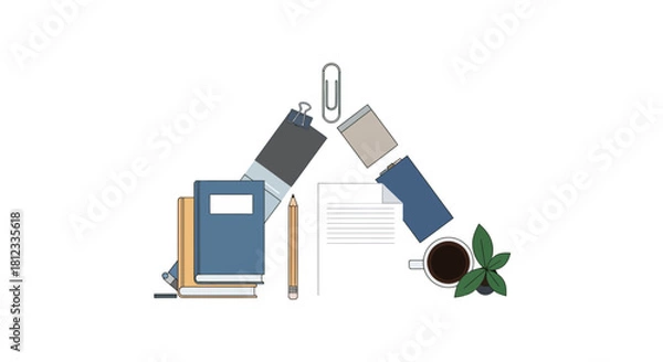 Fototapeta Organized workspace flatlay promoting productivity with books, coffee, and stationery for a modern, focused work from home or study aesthetic