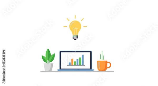Fototapeta Bright business idea with upward trending data on laptop, perfect for startups, growth, and financial success, plus a cozy mug and plant for a modern vibe