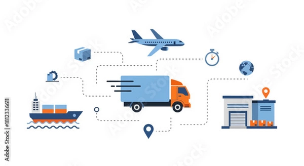 Obraz Efficient global logistics network with fast delivery truck, airplane, and ship, illustrating worldwide shipping and supply chain management solutions