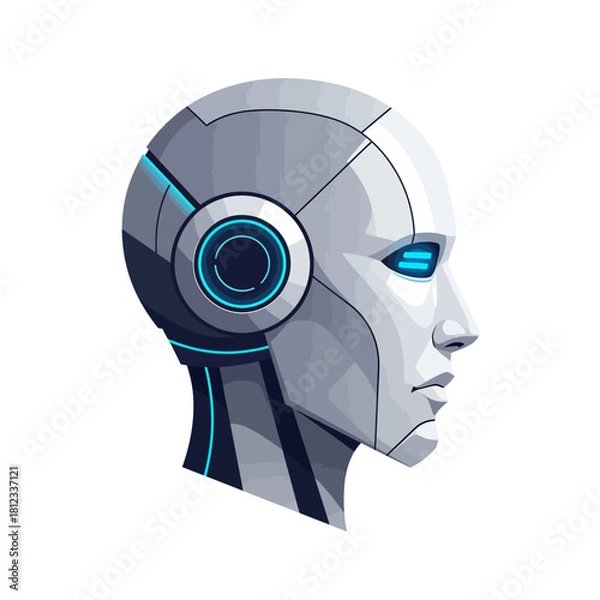 Fototapeta Illustration of a futuristic robot head with blue accents on a white background.