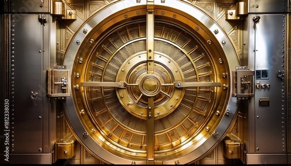 Obraz detailed view of large metallic bank vault door showcasing intricate mechanisms and shiny golden finish door is partially open revealing secure interior filled with rows of safe deposit boxes