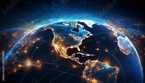 Fototapeta stunning view of earth illuminated at night showcasing continents and city lights connected by glowing lines symbolizing global connectivity and technology