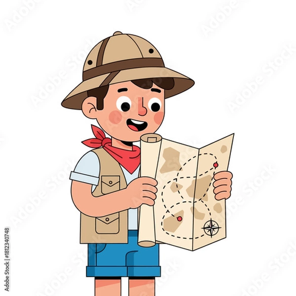 Obraz Cartoon boy scout explorer with pith helmet reading a treasure map.