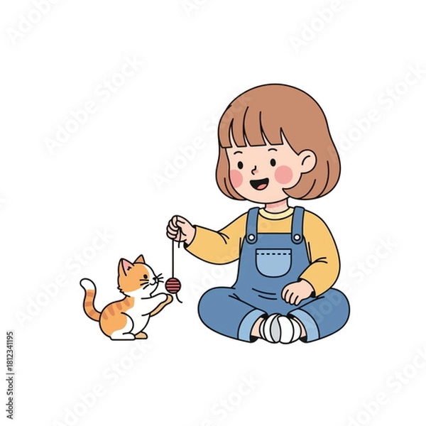 Fototapeta Illustration of a girl playing with a kitten using a ball of yarn.