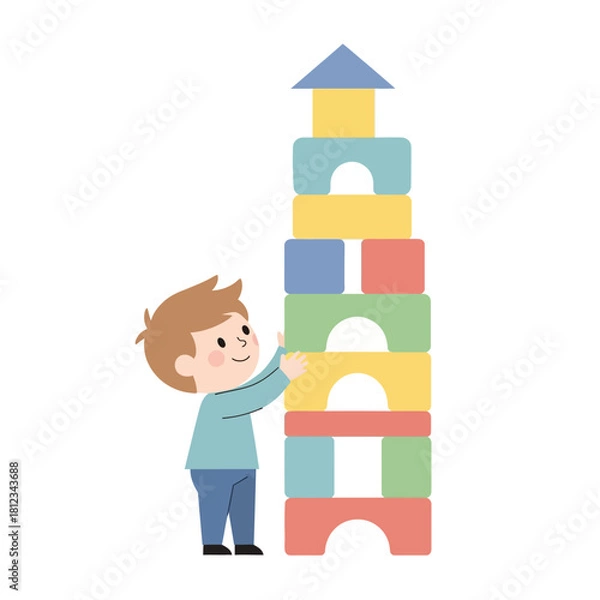 Obraz Illustration of a young boy building a tall tower with colorful toy blocks.