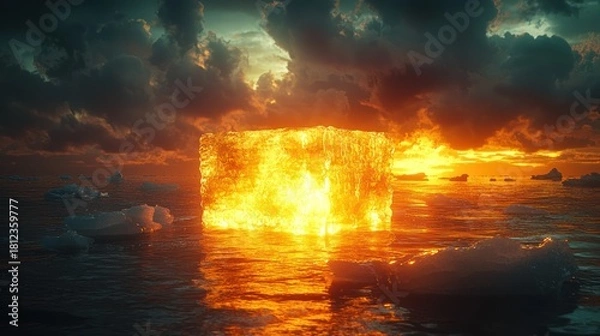 Obraz Fiery cube floats on arctic ocean at sunset; climate change concept; stock photo