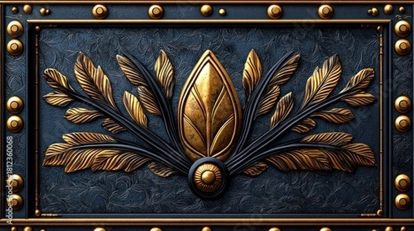 Fototapeta Gold leaf ornate frame, dark blue background, decorative panel, interior design element