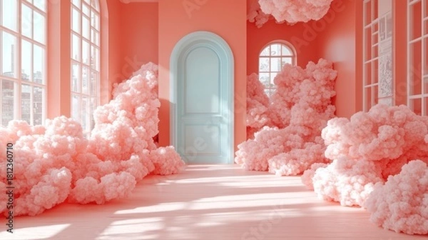 Fototapeta Pink room, clouds, door, sunlight, dreamy interior design, website background