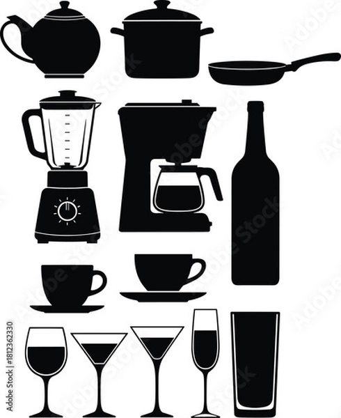 Obraz Silhouette Vector Set of Kitchen Appliances, Beverages, Drinkware, and Cooking Equipment for Home and Cafe Design.