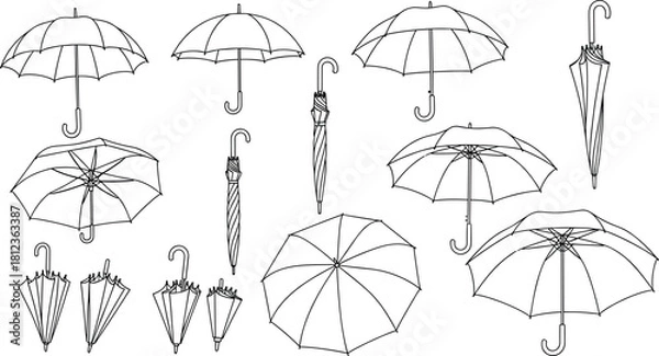 Obraz Black and White Outline Set of Umbrellas in Various Poses for Rain, Protection, Weather, and Autumn Themes.