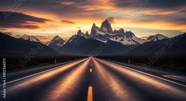 Fototapeta Scenic Route Through Patagonia at Sunset a Majestic Mountain Range with Snow Covered Peaks and Open Road and Golden Sky and Dramatic Clouds